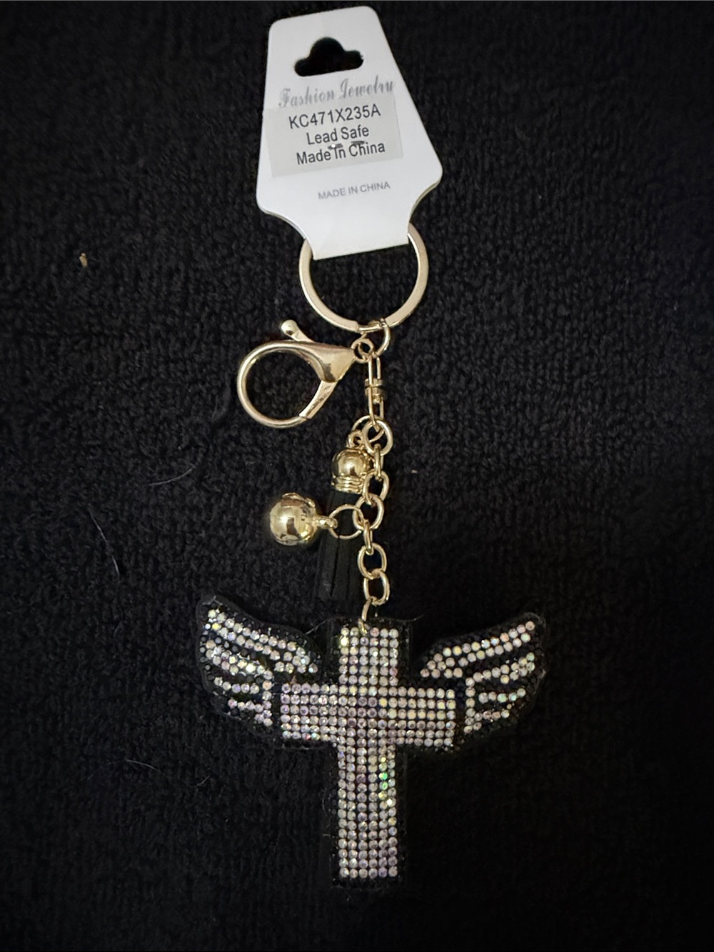 Crystal Winged Cross Keychain - Gold Hardware, Black Backing
